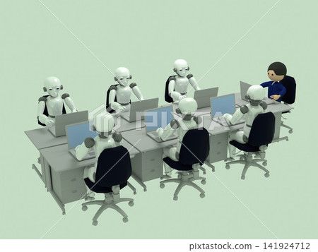 The coexistence of humans and AI; an office scene with many desks lined up; businessmen and AI robots sitting side-by-side at desks in an office. The coexistence of humans and AI; an office scene with many desks lined up; businessmen and AI robots sitting side-by-side at desks in an office. 141924712