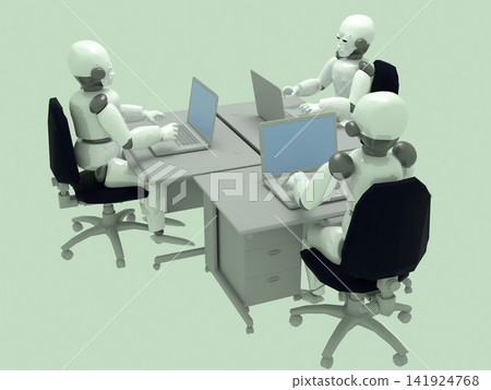 人類與人工智慧的共存;辦公室裡擺放著許多辦公桌;商務人士和人工智慧機器人並排坐在辦公室的辦公桌前。 人類與人工智慧的共存;辦公室裡擺放著許多辦公桌;商務人士和人工智慧機器人並排坐在辦公室的辦公桌前。 141924768