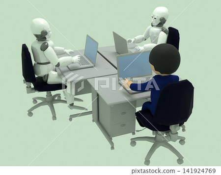 人類與人工智慧的共存;辦公室裡擺放著許多辦公桌;商務人士和人工智慧機器人並排坐在辦公室的辦公桌前。 人類與人工智慧的共存;辦公室裡擺放著許多辦公桌;商務人士和人工智慧機器人並排坐在辦公室的辦公桌前。 141924769