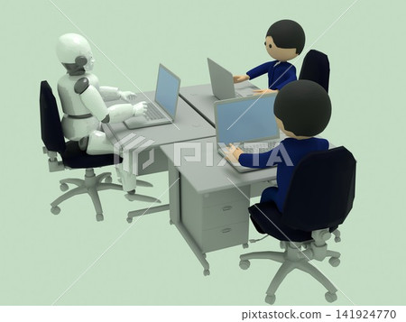人類與人工智慧的共存;辦公室裡擺放著許多辦公桌;商務人士和人工智慧機器人並排坐在辦公室的辦公桌前。 人類與人工智慧的共存;辦公室裡擺放著許多辦公桌;商務人士和人工智慧機器人並排坐在辦公室的辦公桌前。 141924770