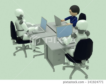 人類與人工智慧的共存;辦公室裡擺放著許多辦公桌;商務人士和人工智慧機器人並排坐在辦公室的辦公桌前。 人類與人工智慧的共存;辦公室裡擺放著許多辦公桌;商務人士和人工智慧機器人並排坐在辦公室的辦公桌前。 141924771