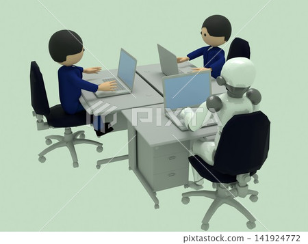 人類與人工智慧的共存;辦公室裡擺放著許多辦公桌;商務人士和人工智慧機器人並排坐在辦公室的辦公桌前。 人類與人工智慧的共存;辦公室裡擺放著許多辦公桌;商務人士和人工智慧機器人並排坐在辦公室的辦公桌前。 141924772