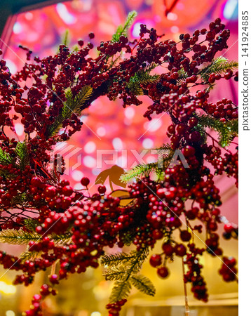 Red Christmas Berry Wreath with Soft Bokeh Background Red Christmas Berry Wreath with Soft Bokeh Background 141924885