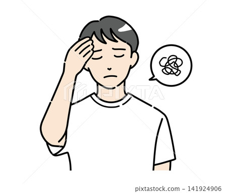 一幅插圖,描繪了一位身著便服的年輕男子雙手抱頭,一臉擔憂。 一幅插圖,描繪了一位身著便服的年輕男子雙手抱頭,一臉擔憂。 141924906
