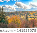 Colorful Autumn Forest Hills Under Blue Sky with Fluffy White Clouds 141925078