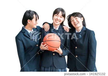 Smiling middle school and high school girls (basketball club members) holding basketballs. Smiling middle school and high school girls (basketball club members) holding basketballs. 141925132