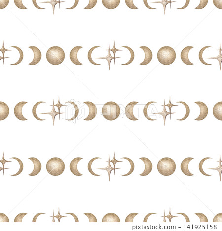 Gold moon phases minimalist seamless pattern. Hand drawn watercolor golden lunar cycle with crescent and celestial star. Vintage graphic for astrology design. Simple repeat for fabric or wallpaper. Gold moon phases minimalist seamless pattern. Hand drawn watercolor golden lunar cycle with crescent and celestial star. Vintage graphic for astrology design. Simple repeat for fabric or wallpaper. 141925158