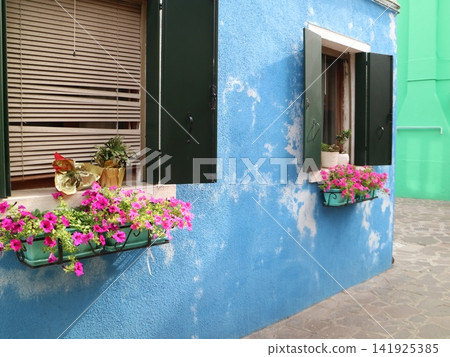 Blue houses and colorful streets adorned with flowers on the island of Burano, Italy Blue houses and colorful streets adorned with flowers on the island of Burano, Italy 141925385