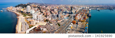 Panoramic aerial view of Durres city on Albanian Adriatic coast overlooking seaport 141925690