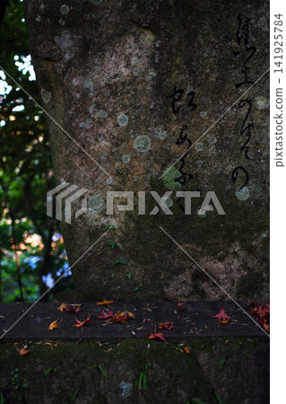 Stone monument and maple leaves Stone monument and maple leaves 141925784