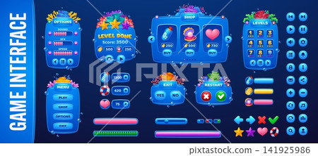 Underwater video game UI interface inventory menu buttons and shop screen. Ocean indicators and rewards with loading scale and level windows for sea underwater game interface navigation and settings 141925986
