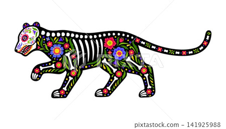 Jaguar animal skeleton tattoo of Mexican Day of the Dead. Sugar skull jungle animal figure decorated with floral alebrije ornaments, bones and skeletal pattern inspired by traditional Mexican folk art 141925988