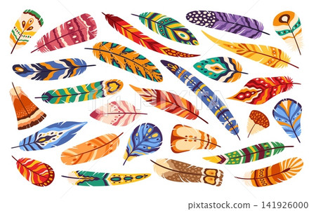 Boho bird feathers, bohemian and ethnic native indigenous quills for tribal decoration. Boho feathers and bird quills plumage with cartoon colorful ornament pattern of owl, eagle or parrot feather Boho bird feathers, bohemian and ethnic native indigenous quills for tribal decoration. Boho feathers and bird quills plumage with cartoon colorful ornament pattern of owl, eagle or parrot feather 141926000