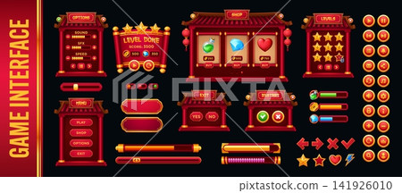 Chinese game ui interface buttons and level window, oriental indicators and rewards, Asian loading scale and menu with red roofs. Mobile game elements kit with red pagoda menu, shop panels, gui assets Chinese game ui interface buttons and level window, oriental indicators and rewards, Asian loading scale and menu with red roofs. Mobile game elements kit with red pagoda menu, shop panels, gui assets 141926010