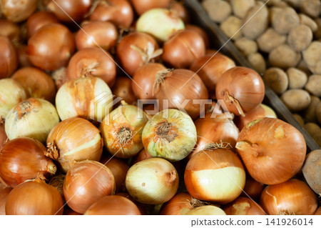 Close-up view of onions placed in box in market Close-up view of onions placed in box in market 141926014