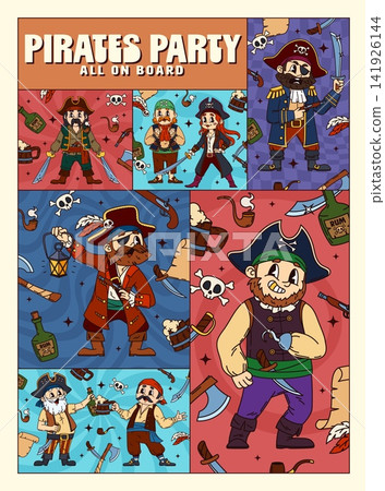 Cartoon pirate and corsair characters on Y2K groovy paper stickers or posters. Caribbean pirate party stickers with funny captain with hook hand, sailors with rum bottles and funky skipper with swords Cartoon pirate and corsair characters on Y2K groovy paper stickers or posters. Caribbean pirate party stickers with funny captain with hook hand, sailors with rum bottles and funky skipper with swords 141926144
