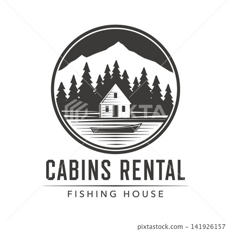 Forest lodge, fishing cabin rent and lake camp icon. Rustic cabin and fishing house rental emblem featuring a lakeside fishing cottage nestled among tall pine trees with a boat evoking nature escape Forest lodge, fishing cabin rent and lake camp icon. Rustic cabin and fishing house rental emblem featuring a lakeside fishing cottage nestled among tall pine trees with a boat evoking nature escape 141926157