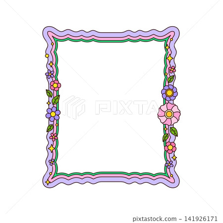 Cartoon pastel groovy retro psychedelic wavy border frame with floral motif, wavy scalloped border, summer flowers, leaves, stars and dots. Squiggle girly playful decorative background for photos Cartoon pastel groovy retro psychedelic wavy border frame with floral motif, wavy scalloped border, summer flowers, leaves, stars and dots. Squiggle girly playful decorative background for photos 141926171