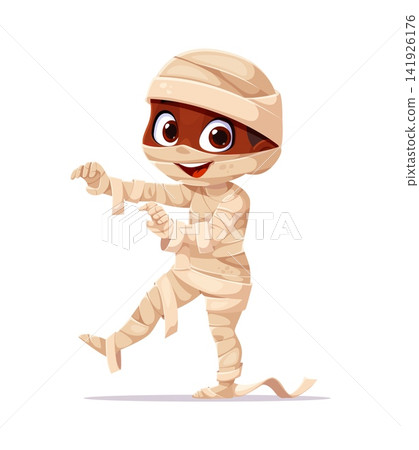 Cartoon Halloween kid mummy character in bandage party costume walking with playful pose, cheerful expression and spooky and cute festive holiday mood. Funny child in spooky and funny suit for event Cartoon Halloween kid mummy character in bandage party costume walking with playful pose, cheerful expression and spooky and cute festive holiday mood. Funny child in spooky and funny suit for event 141926176