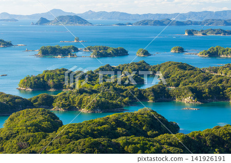 A spectacular view of the Kujukushima Islands from Tenkaiho Observatory in Sasebo City, Nagasaki Prefecture. A spectacular view of the Kujukushima Islands from Tenkaiho Observatory in Sasebo City, Nagasaki Prefecture. 141926191