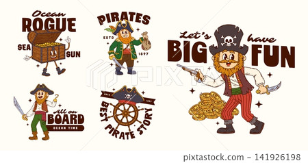 Cartoon groovy y2k pirate and corsair stickers. Set of vintage badges featuring cheerful buccaneers, treasure chest mascot, ship wheel emblem, gold coins, sword, pistol, and playful piracy typography Cartoon groovy y2k pirate and corsair stickers. Set of vintage badges featuring cheerful buccaneers, treasure chest mascot, ship wheel emblem, gold coins, sword, pistol, and playful piracy typography 141926198