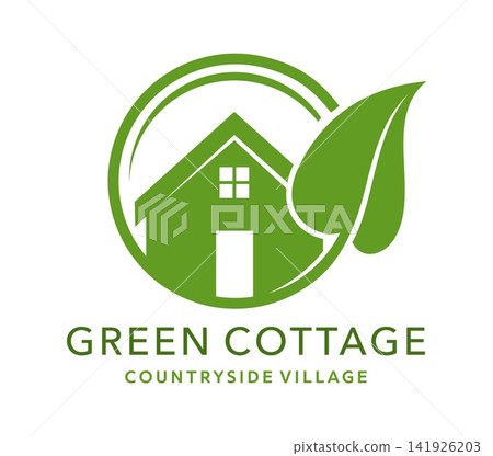 Eco house icon, real estate agency, residence apartment building construction symbol. Emblem with green plant leaf and cottage home silhouette for nature friendly rural living and energy conservation Eco house icon, real estate agency, residence apartment building construction symbol. Emblem with green plant leaf and cottage home silhouette for nature friendly rural living and energy conservation 141926203