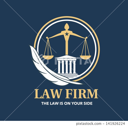 Justice law firm emblem with scales and white feather quill. Attorney and lawyer golden circular symbol with court building for attorney corporate branding, legal consultant websites or legal firms Justice law firm emblem with scales and white feather quill. Attorney and lawyer golden circular symbol with court building for attorney corporate branding, legal consultant websites or legal firms 141926224