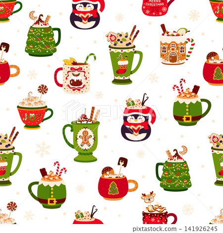 Christmas holiday eggnog cups and mugs with chocolate cocoa sweet dessert drink in seamless pattern. Cartoon Christmas cups with marshmallow candies for winter hot drinks with gingerbread cookies Christmas holiday eggnog cups and mugs with chocolate cocoa sweet dessert drink in seamless pattern. Cartoon Christmas cups with marshmallow candies for winter hot drinks with gingerbread cookies 141926245