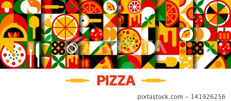 Italian pizza geometric fastfood seamless patterns set. Mosaic tiles with pizza slices and Italian ingredients like tomato, basil, cheese and pepperoni with utensils, oven, rolling pin or pizza cutter Italian pizza geometric fastfood seamless patterns set. Mosaic tiles with pizza slices and Italian ingredients like tomato, basil, cheese and pepperoni with utensils, oven, rolling pin or pizza cutter 141926256