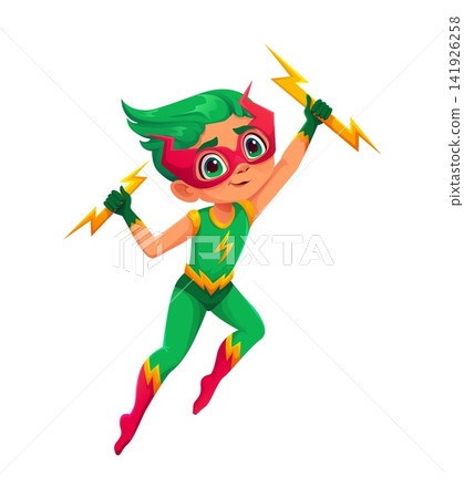 Kid superhero character, cartoon brave young super hero boy with green hair wearing red mask and lightning emblem flying while holding two lightning bolts, conveying energy, confidence and adventure Kid superhero character, cartoon brave young super hero boy with green hair wearing red mask and lightning emblem flying while holding two lightning bolts, conveying energy, confidence and adventure 141926258