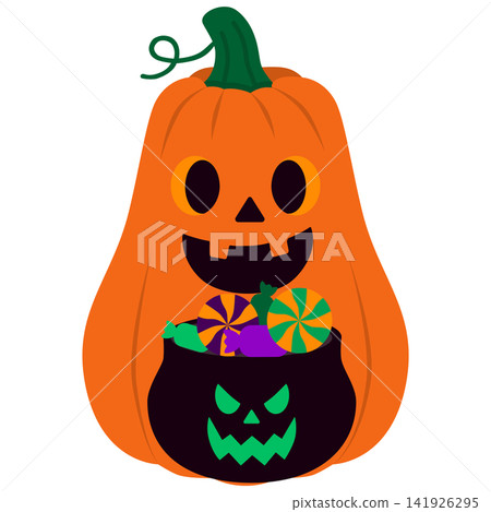 Cute Halloween Pumpkin Character with Candy Basket Autumn Illustration 141926295