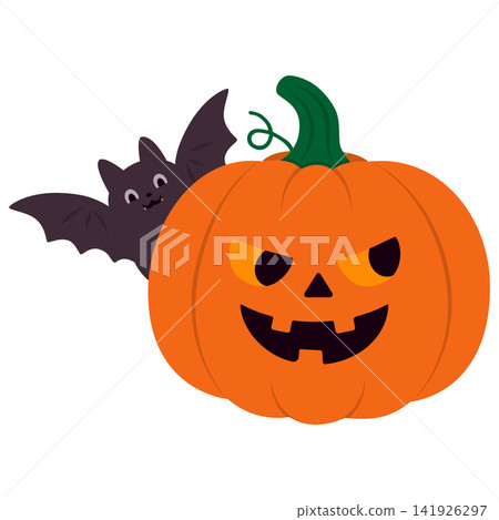 Halloween Pumpkin with Bat Cartoon Illustration Halloween Pumpkin with Bat Cartoon Illustration 141926297