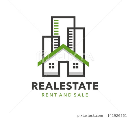 Apartment and real estate agency, residence building construction icon. Green and grey emblem showing multiple city and cottage house roofs representing urban property rent and sale agency services Apartment and real estate agency, residence building construction icon. Green and grey emblem showing multiple city and cottage house roofs representing urban property rent and sale agency services 141926361