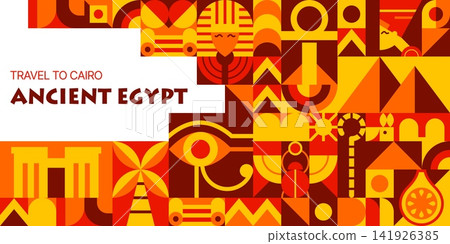 Ancient Egypt travel banner with geometric pattern celebrating vintage cultural Cairo exploration with abstract motifs featuring pyramid, pharaoh mask, eye of Horus, scarab, ankh, sun, temple and palm 141926385