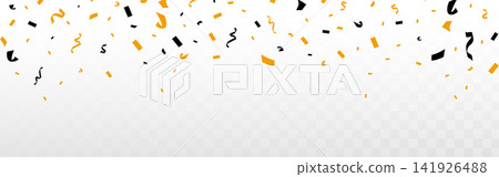 Halloween confetti. Merrie autumn festival with curl ribbon and colorful paper pieces. Halloween party background. Vector illustration Halloween confetti. Merrie autumn festival with curl ribbon and colorful paper pieces. Halloween party background. Vector illustration 141926488