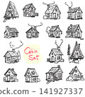 set of wooden cabin illustration drawing vector isolated on white background 141927337