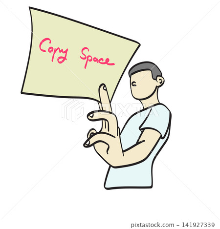 young man using fingers to pinch a blank sign with sample text Copy Space illustration vector sketch with black lines young man using fingers to pinch a blank sign with sample text Copy Space illustration vector sketch with black lines 141927339