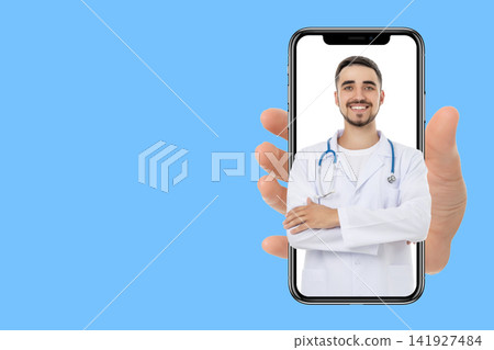 Medical professional showcases friendly demeanor on phone Medical professional showcases friendly demeanor on phone 141927484