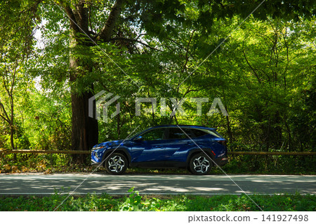 SUV stands parked on quiet road surrounded by lush trees SUV stands parked on quiet road surrounded by lush trees 141927498