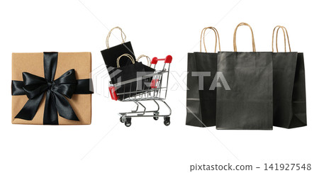 Black Friday. Festive gift boxes and shopping bags arranged with a cart filled with items, PNG Black Friday. Festive gift boxes and shopping bags arranged with a cart filled with items, PNG 141927548