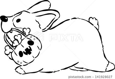Cute Halloween Corgi Outline Carrying a Halloween Pumpkin Basket Hand Drawn Whimsical Illustration 141928027