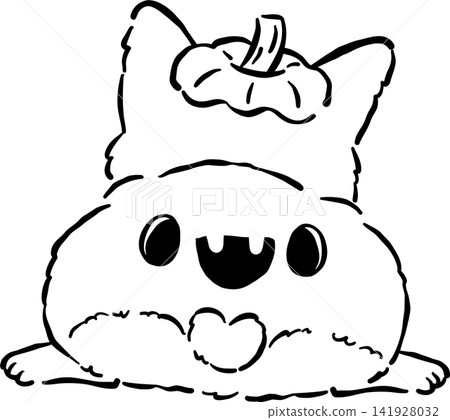 Cute Halloween Corgi Outline Sploot with Pumpkin Hat Hand Drawn Whimsical Illustration 141928032