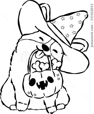 Cute Halloween Corgi Outline Witch with Trick or Treat Basket Hand Drawn Whimsical Illustration Cute Halloween Corgi Outline Witch with Trick or Treat Basket Hand Drawn Whimsical Illustration 141928033