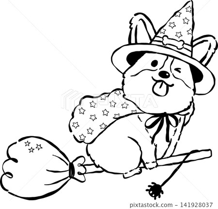 Cute Halloween Corgi Outline Flying on Broomstick Hand Drawn Whimsical Illustration Cute Halloween Corgi Outline Flying on Broomstick Hand Drawn Whimsical Illustration 141928037