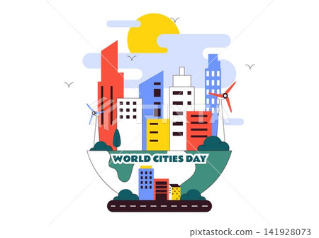 World Cities Day Vector Illustration Featuring Modern Urban Architecture, Sustainable Buildings, Renewable Energy, And Vibrant Cityscape Design 141928073