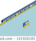An isometric illustration of a train stopped at a station platform equipped with platform screen doors. 141928185