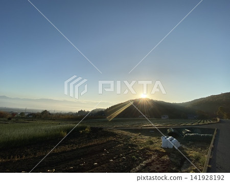 The dazzling morning sun and beautiful rays of light shining into the farmlands of Shinshu The dazzling morning sun and beautiful rays of light shining into the farmlands of Shinshu 141928192