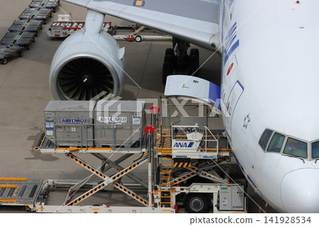 A passenger plane loading cargo containers A passenger plane loading cargo containers 141928534