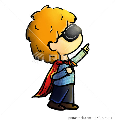 Little boy in superhero cloak pointing upwards cartoon illustration 141928905