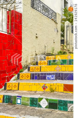 Escadaria Selaron red famous stairs staircase Rio de Janeiro Brazil. Escadaria Selaron red famous stairs staircase Rio de Janeiro Brazil. 141929178